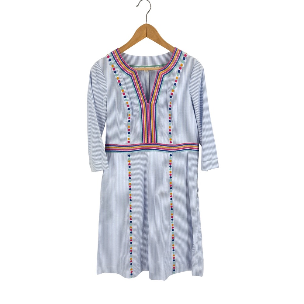 Boden Blue White‎ Seersucker Striped Embroidered V-Neck Dress Pockets Womens 4R